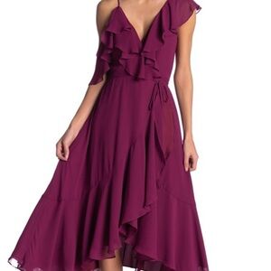 EUC Yumi Kim Romance Me Hi-Lo Ruffle Wrap Dress Size: M Burgundy